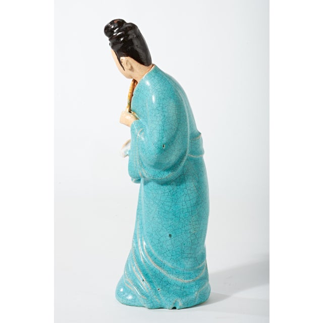 Early 20th Century Chinese Figurine of Lady in Blue With Fan For Sale - Image 12 of 17