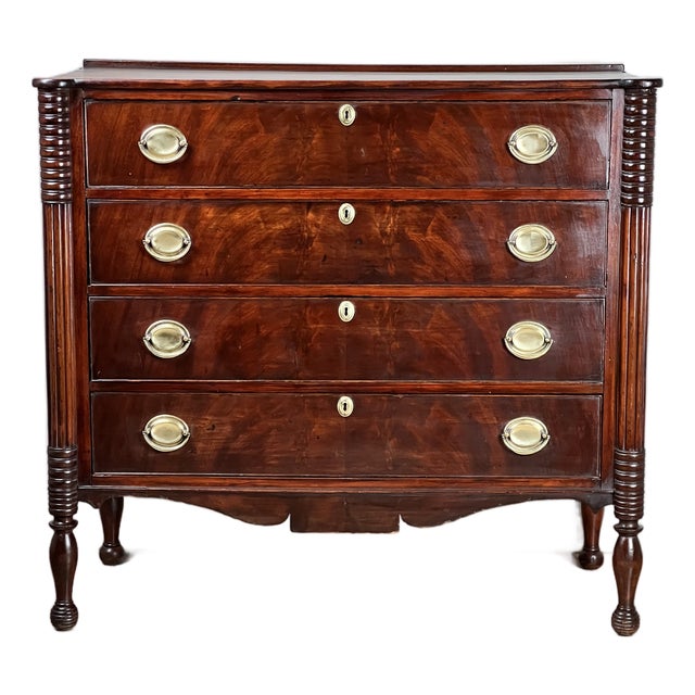 Antique Sheraton Mahogany Cookie Corner Four Drawer Chest C. Mid 19th Century For Sale