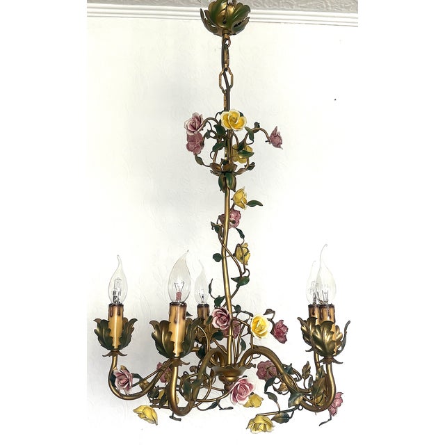 Italian Metal and Porcelain Flower Chandelier, 1940s, in Very Good conditions. Designed 1920 to 1949 I have official proof...