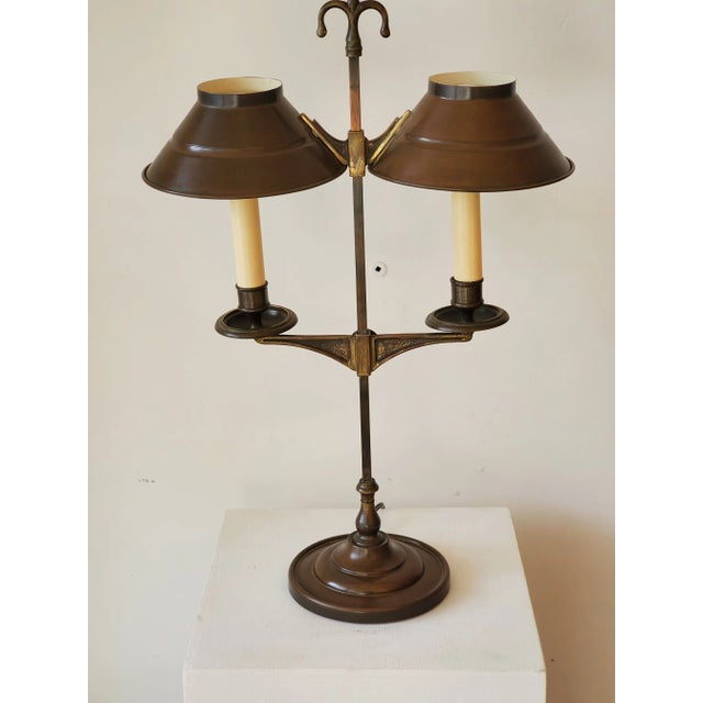 Vintage French Bouillotte 2 light French lamp is ideal for a French country Den. Brown in color with cream inside,...