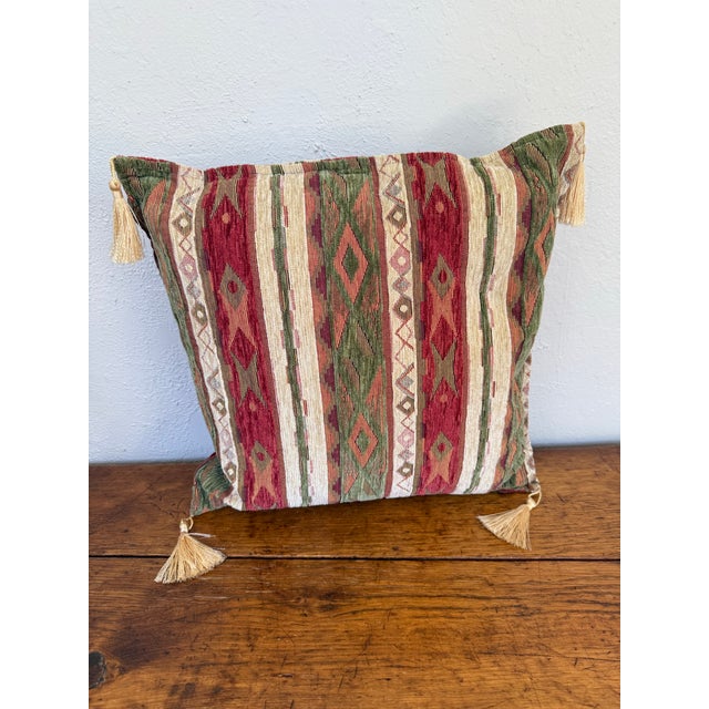 Amber Lewis Late 20th Century Kilim Style Striped Chenille Pillow With Gold Tassels For Sale - Image 4 of 4