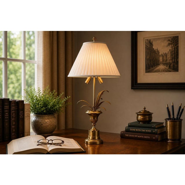 A tall and sculptural brass table lamp base of exceptional decorative presence, featuring a signature palm leaf motif...