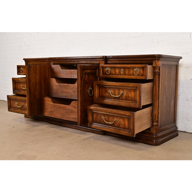 1970s Drexel Heritage French Regency Louis XVI Burled Walnut Triple Dresser or Credenza, Circa 1970s For Sale - Image 5 of 11