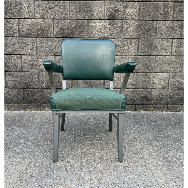 Metal Vintage Industrial Metal Office Chair With Green Upholstery For Sale - Image 7 of 14