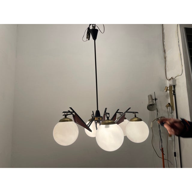 Vintage Brass Wooden Veneer Chandelier, 1950s For Sale - Image 3 of 7