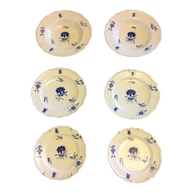 Early 19th Century Bloor Derby Blue and White Set of Two Soup Bowls, Two Salad Plates, Two Bread Plates- 6 Pieces For Sale
