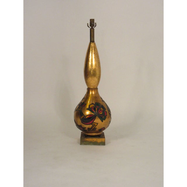 Unique 1950s very tall gilt egloisme peacock lamp, on gilt metal base.