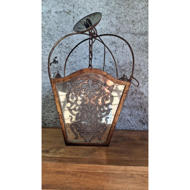 19th Century Napoleon III Hanging Lantern in Gilded Wrought Iron and Engraved Glass, 1800s For Sale - Image 5 of 10