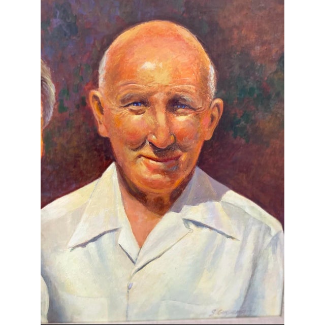 A heartfelt mid-century portrait painting depicting an elderly couple rendered in warm, expressive tones by artist S....