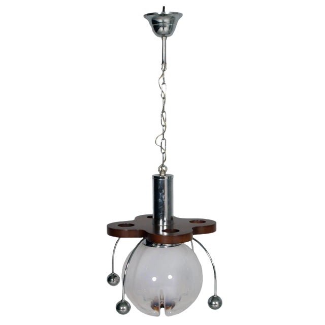 Italian Murano Glass, Wood & Chrome-Plated Pendant from Mazzega, 1960s For Sale