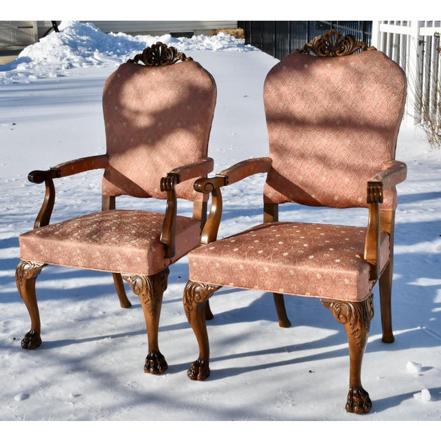 Antique Pair of Carved Walnut Italian Style Arm Chairs W/Claw Foot For Sale - Image 11 of 11