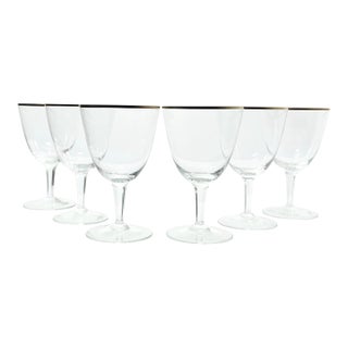 1960s Vintage Mid-Century Modern Minimalist 6 Gold Rim Crystal Wine Glasses - Set of 6 For Sale