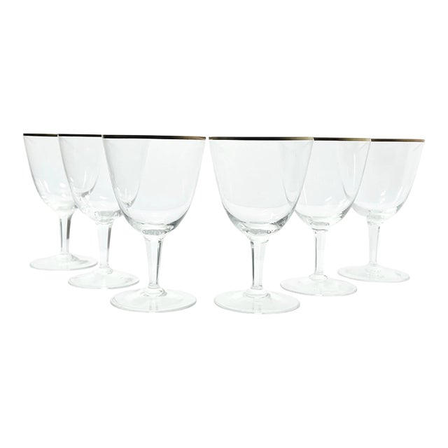 1960s Vintage Mid-Century Modern Minimalist 6 Gold Rim Crystal Wine Glasses - Set of 6 For Sale