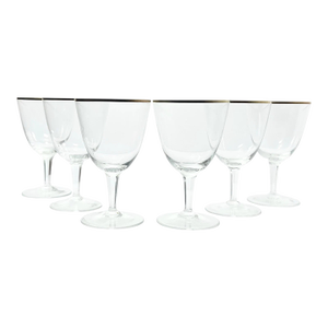 1960s Vintage Mid-Century Modern Minimalist 6 Gold Rim Crystal Wine Glasses - Set of 6