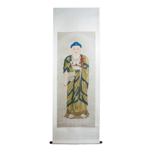 Chinese Scroll of a Standing Buddha on a Lotus Throne