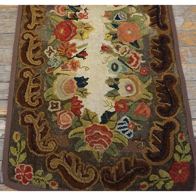 1890s Brown Roses Folk Art Antique American Hooked Rug 1'8" X 3'4" Knotted Wool Carpet For Sale - Image 10 of 10