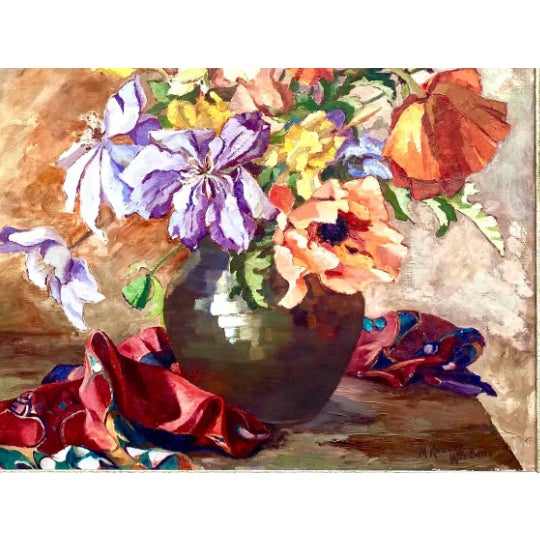 Midcentury Signed Original Floral Oil Painting For Sale - Image 9 of 12