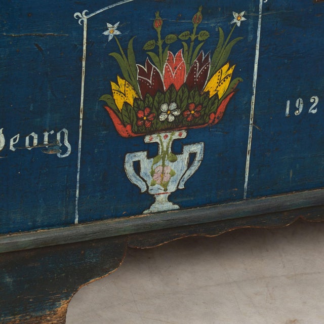 1926 Original Blue Hand-Painted Pine Flat Top Trunk For Sale - Image 11 of 15