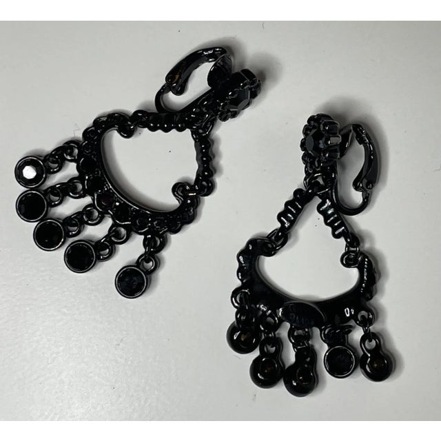 Art Nouveau Vintage Kenneth Lane Black Crystal Hinge-Back Clip-On Dangle Earrings - 2 Pieces For Sale - Image 3 of 3