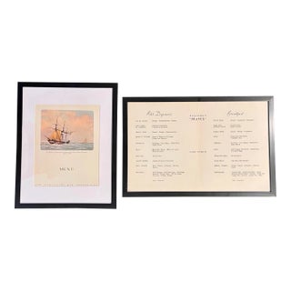 Vintage 1965 Pair of French Menu’s Transatlantic Line Framed One Opened, One Closed For Sale