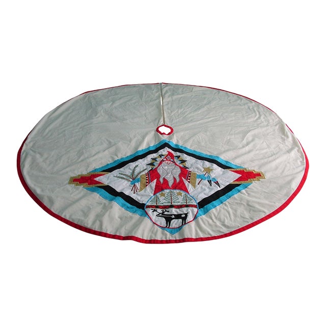 Vintage House of Hatten Southwest Style Santa Applique Tree Skirt 58" Cotton Poly Blend For Sale