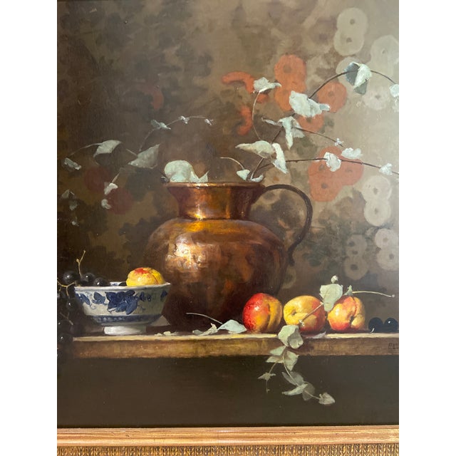 Oil on Canvas by Eleanor Moore, 20th century American artist known for still lifes reminiscent of the Old Dutch Masters....