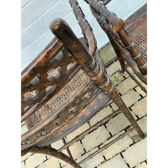 Pair of Regency Style Faux-Bamboo Faux-Painted Caned Seat Arm Chairs by Baker Furniture. For Sale - Image 10 of 12