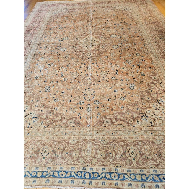 Tan Vintage Persian Tabriz Rug, Hand-Knotted Wool, Floral Pattern, Pale Apricot & Burgundy, 10x13 For Sale - Image 8 of 16