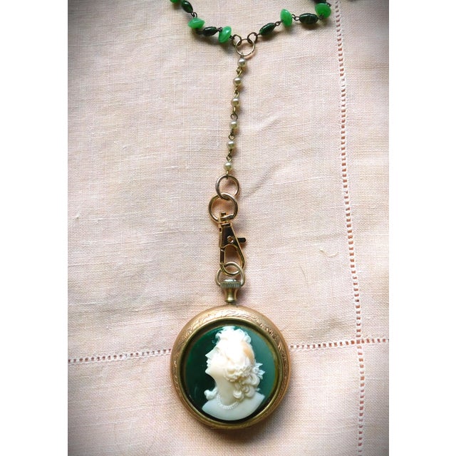 Vintage Victorian Gold Pocket Watch Locket, Green Cameo Woman, Long Art Glass Chain For Sale - Image 13 of 16