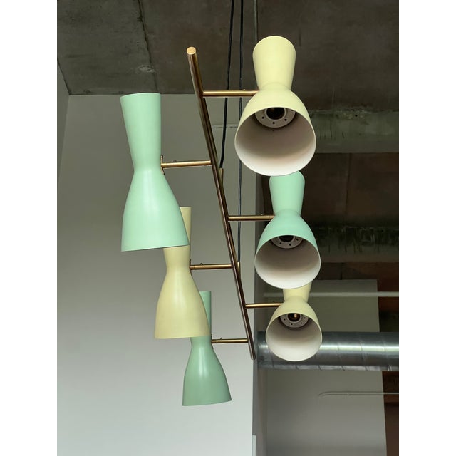 Stilnovo 1950s Rare Stilnovo Linear Chandelier in Brass With Green and Yellow Shades For Sale - Image 4 of 13