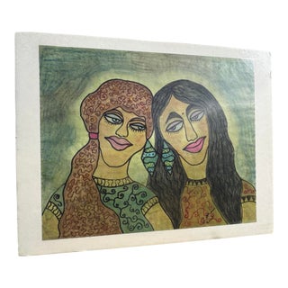 Jude Kirby Original Oil Pastel, “Best Friends” Folk Art Painting. For Sale