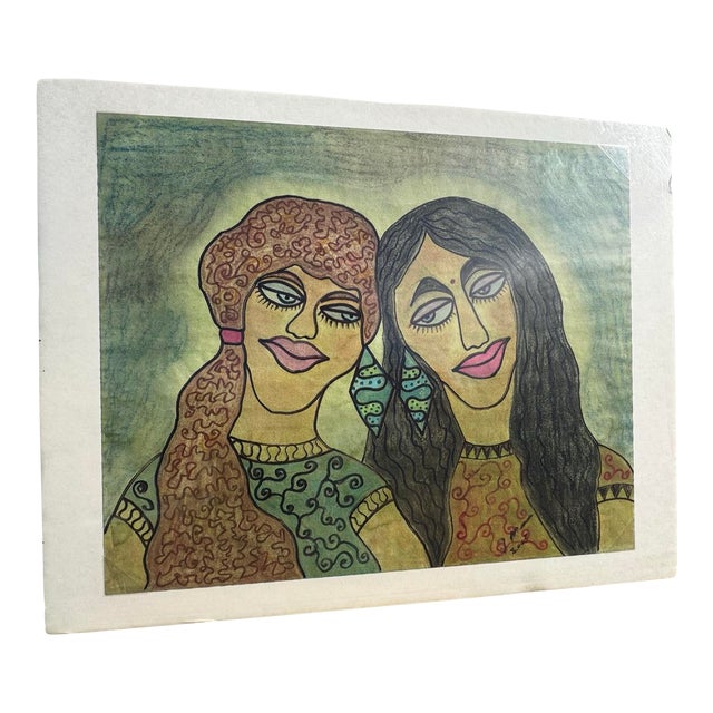 Jude Kirby Original Oil Pastel, “Best Friends” Folk Art Painting. For Sale