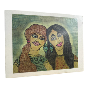 Jude Kirby Original Oil Pastel, “Best Friends” Folk Art Painting.