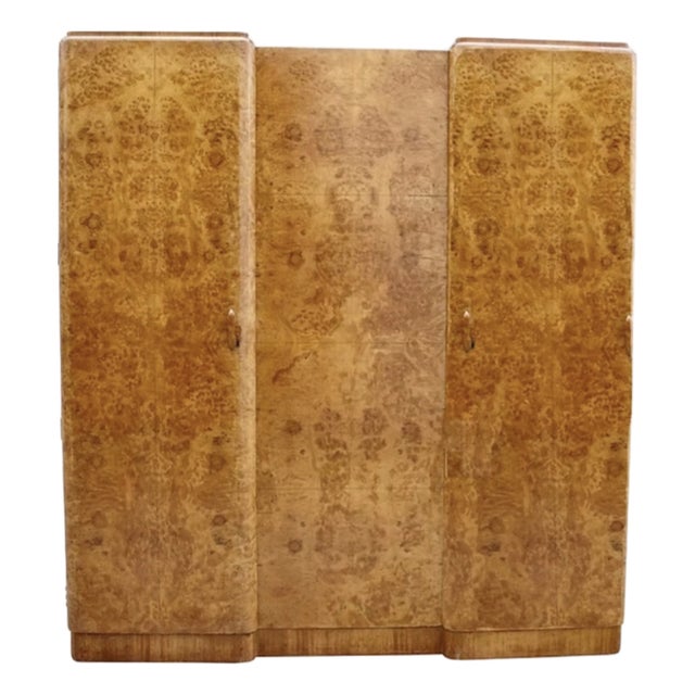 English Art Deco Blonde Walnut Wardrobe, 1930 For Sale