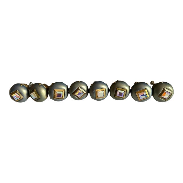 Set of Eight Hollywood Regency Metallic Wood Knobs With Iridescent Aurora Borealis Gems For Sale