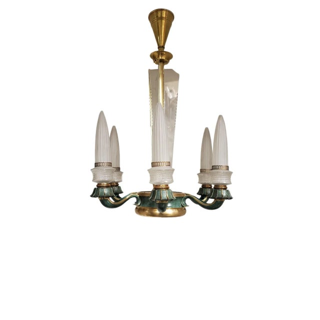 Mid 20th Century Frosted Glass and Bronze Six Arm Chandelier Attrib to Maison Baguès For Sale - Image 11 of 12