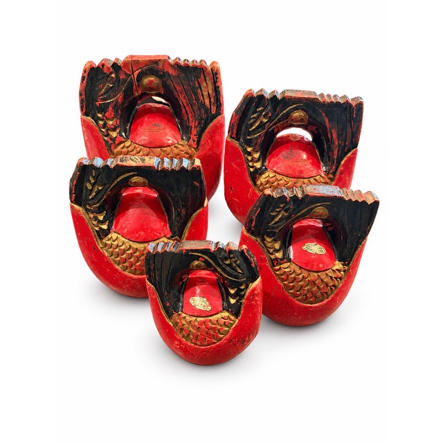 Musical Vintage Chinese Carved Wood Fish Temple Drums – Red & Gold Buddhist Wooden Fish, Graduated Set of 5 For Sale - Image 9 of 9