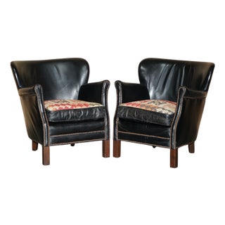 Little Professor Armchairs in Black Leather and Kilim Upholstery by Andrew Martin for Halo, Set of 2 For Sale