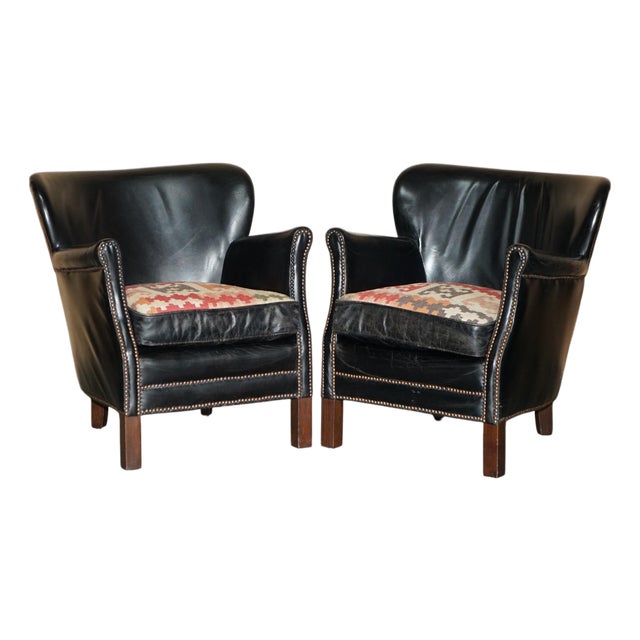 Little Professor Armchairs in Black Leather and Kilim Upholstery by Andrew Martin for Halo, Set of 2 For Sale