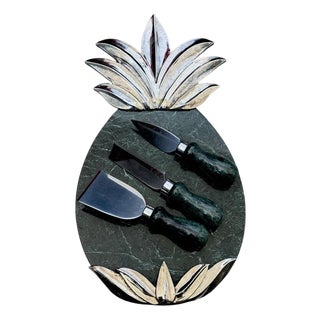 1990s Godinger Pineapple Marble Charcuterie Serving Set Utensils & Tray- Set of 4 For Sale