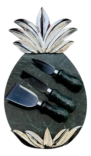 1990s Godinger Pineapple Marble Charcuterie Serving Set Utensils & Tray- Set of 4
