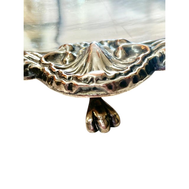 Antique English Footed Silver Plate Salver Tray With Chased Shell Border For Sale - Image 4 of 16