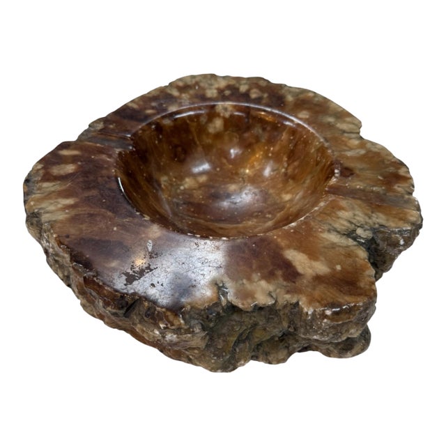 Natural Brown Marble Ashtray – Polished Stone Bowl With Rustic Raw Edge For Sale