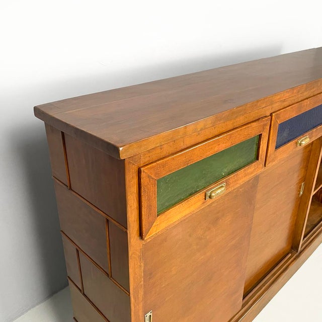 Italian Art Deco Wooden Sideboard with Green and Blue Stained Glass, 1930s For Sale - Image 9 of 18