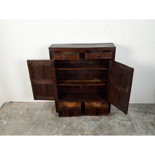 English 1800s Wooden Court Cupboard with Doors, Drawers and Diamond Motifs For Sale In Atlanta - Image 6 of 12