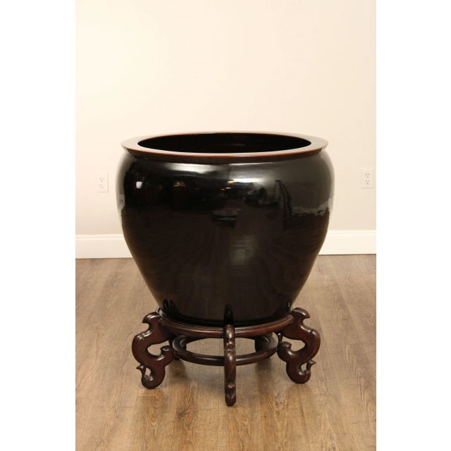 High Quality Large Black Glazed Ceramic Jar Planter on Wood Carved Stand