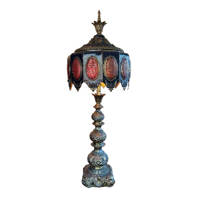 Vintage Loevsky & Loevsky Hollywood Regency Brass Table Lamp – L&l 43” Tall Moroccan Filigree Shade – Metal Casting Co. – Large Ornate Statement Lamp For Sale