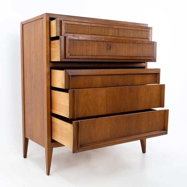 Century MidCentury Walnut and Cane 5 Drawer Highboy Dresser Chairish