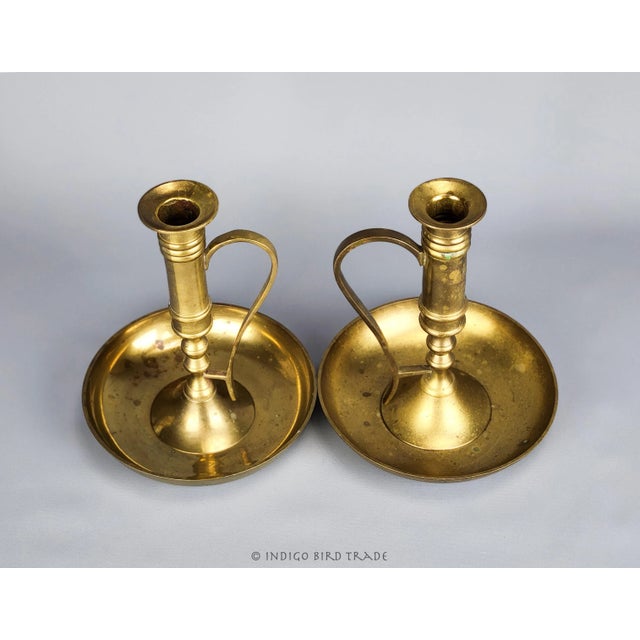 Mid 20th Century Pair of Mid 20th Century Oversized Dark Brass Candlestick Holders With Handle and Drip Tray For Sale - Image 5 of 5