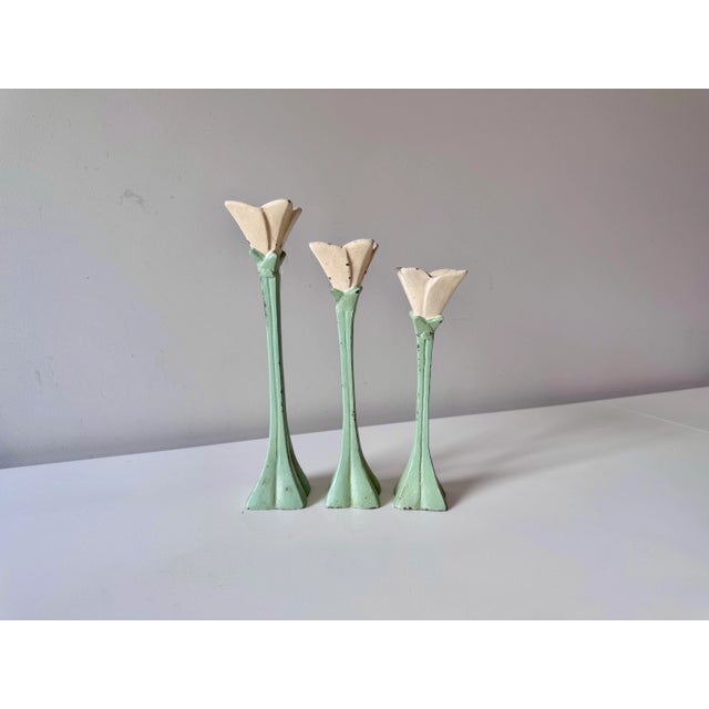 Late 20th Century Late 20th Century Painted Cast Iron Tulip Candlestick Holders; Set of 3 For Sale - Image 5 of 10